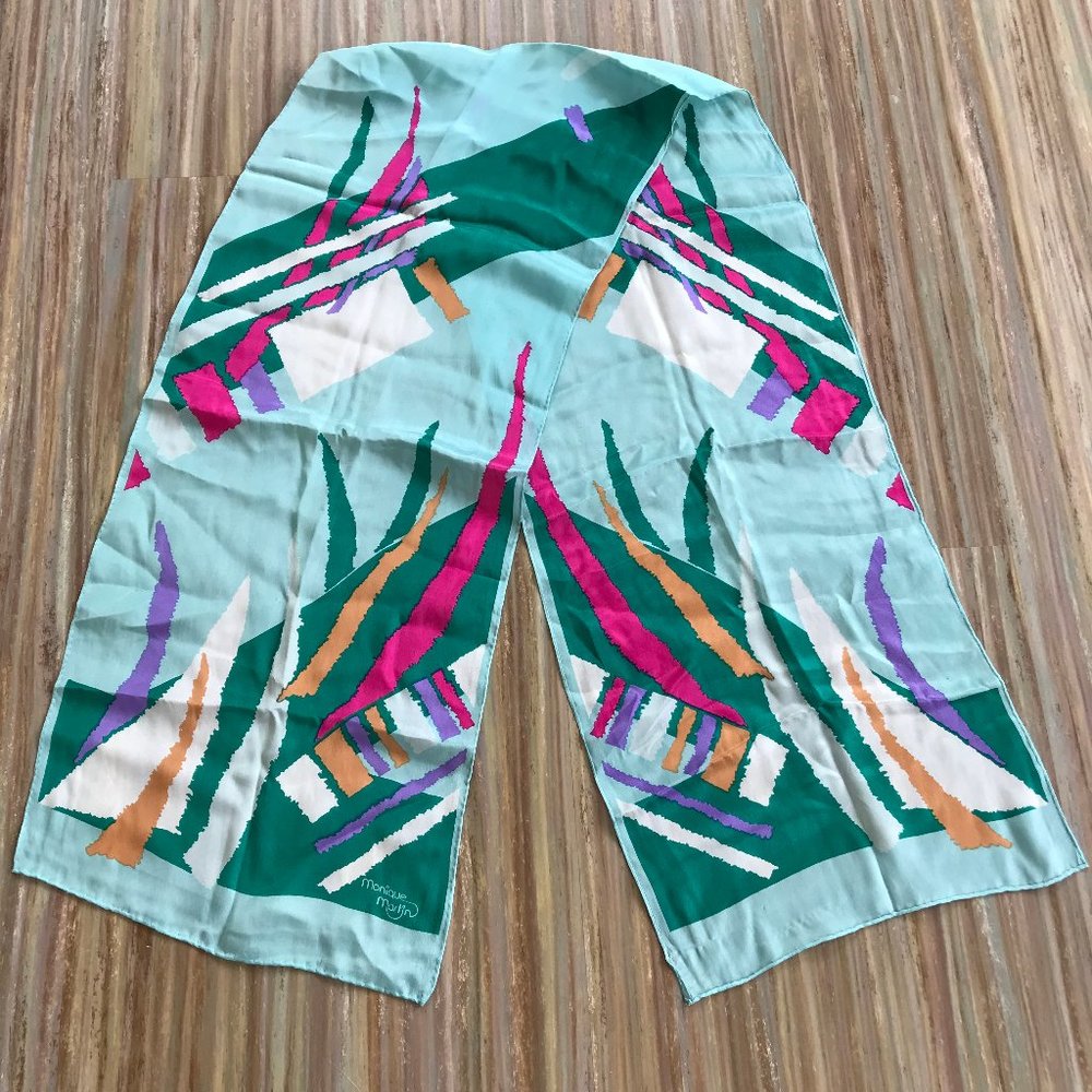 Vtg Monique Martin Colorful Abstract Print Silk Scarf for Neck or Hair 10x54